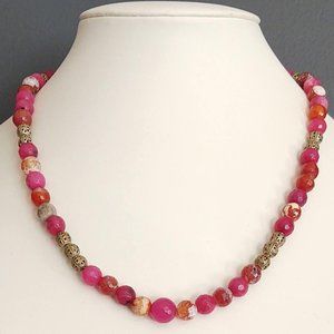 Pink & orange glass beads w/gold accents necklace